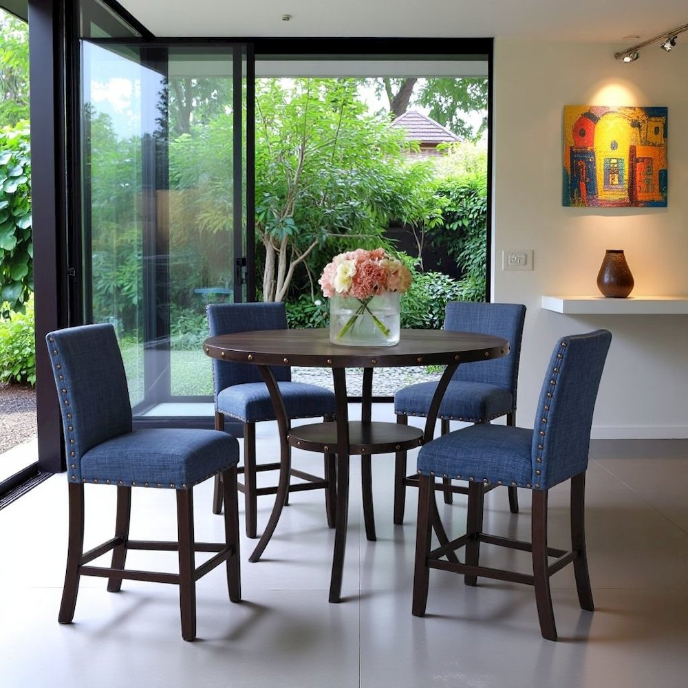 Gray Round  Counter Height Dining Table with Open Shelf, Metal Base Wooden Table