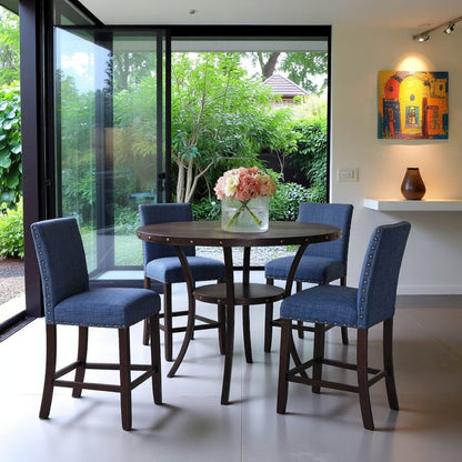 Gray Round  Counter Height Dining Table with Open Shelf, Metal Base Wooden Table