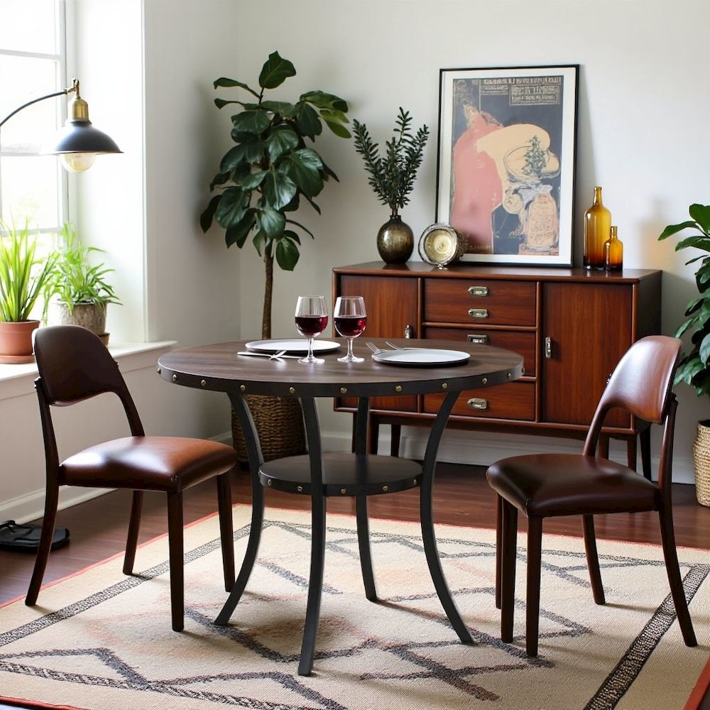 Gray Round  Counter Height Dining Table with Open Shelf, Metal Base Wooden Table