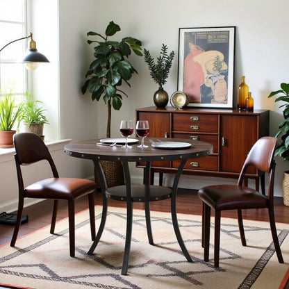 Gray Round  Counter Height Dining Table with Open Shelf, Metal Base Wooden Table