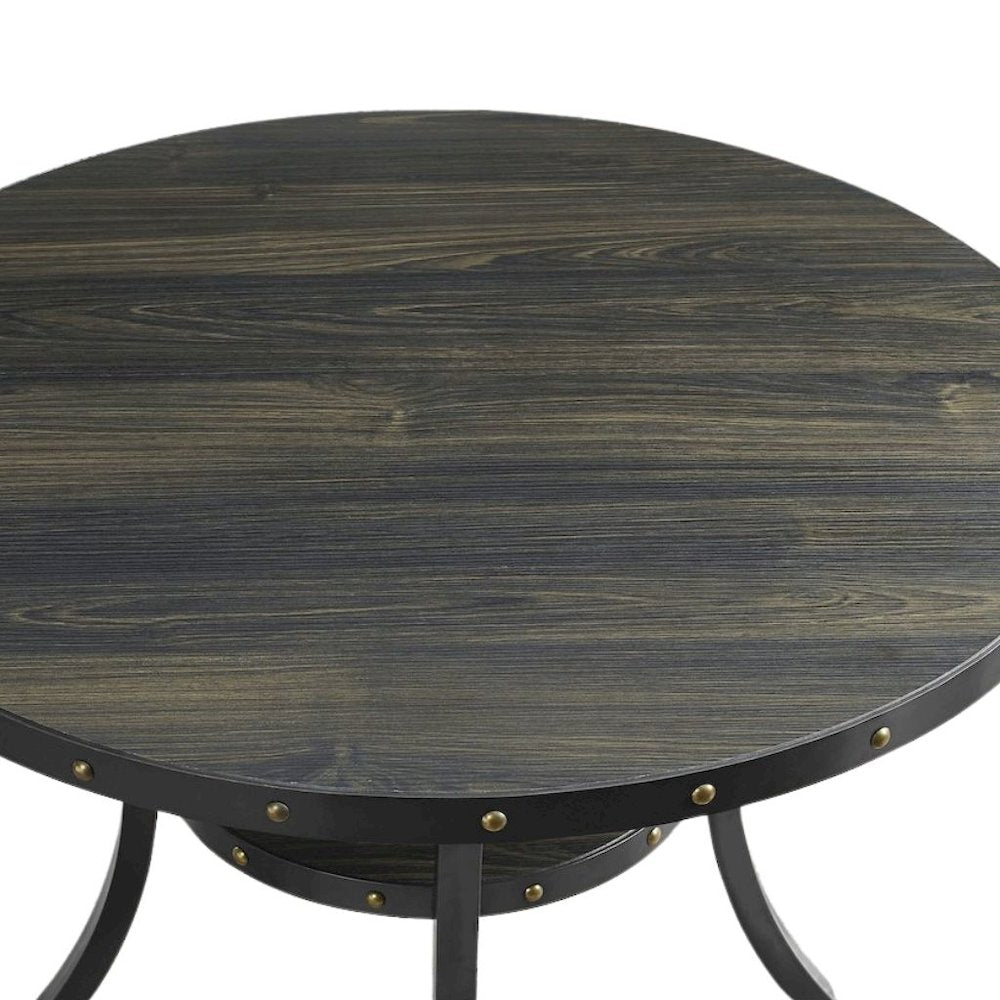 Gray Round  Counter Height Dining Table with Open Shelf, Metal Base Wooden Table