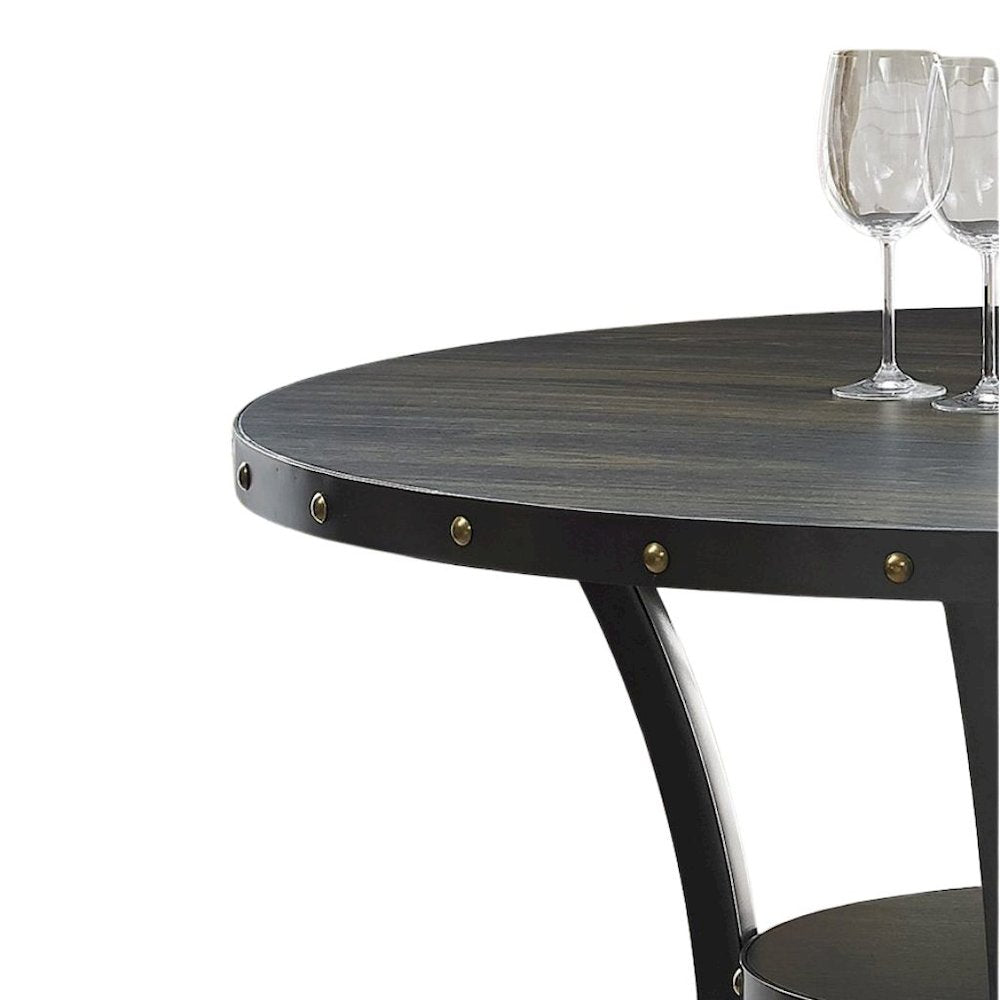 Gray Round  Counter Height Dining Table with Open Shelf, Metal Base Wooden Table