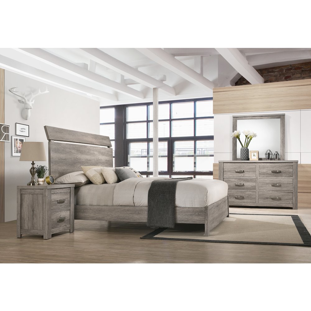 Weathered Gray Wood Bedroom Set, Queen Bed, Dresser, Mirror, Nightstand, Chest