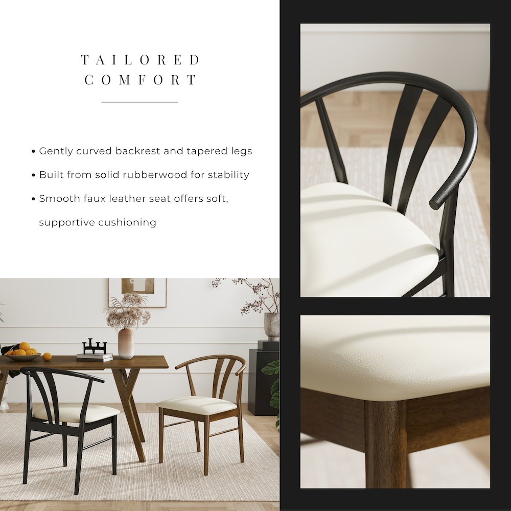 7-Piece Dining Set, Wood Dining Table with 2 Walnut and 4 Black Wishbone Chairs
