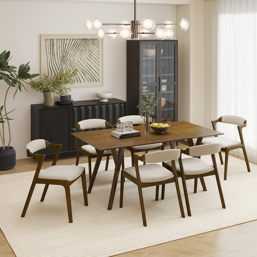 Modern 7-Piece Dining Set, Walnut Finished Dining Table with 6 Brown Chairs