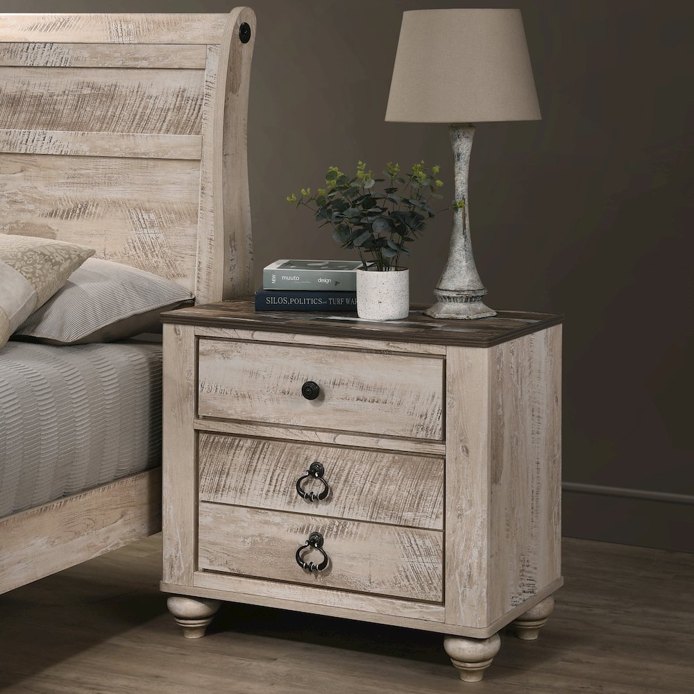 Imerland Contemporary White Wash Finish Patched Wood Top 3-drawer Nightstand