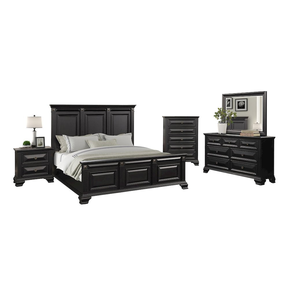 Vintage Black Wood Bedroom Set, King Bed, Dresser, Mirror, Nightstand, Chest