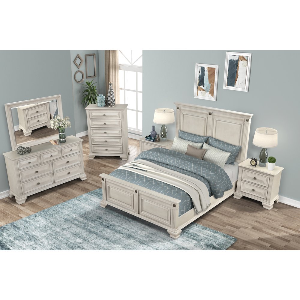 Parchment Wood Bedroom Set, Queen Bed, Dresser, Mirror, 2 Nightstands, Chest