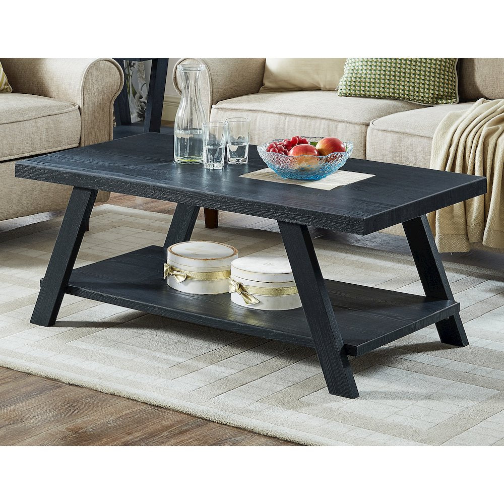 Athens Contemporary Replicated Wood Shelf Coffee Table in Black Finish