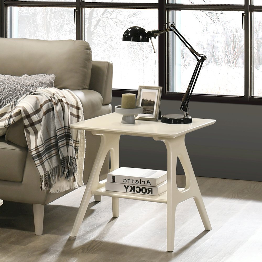 Arona Mid-Century Modern Wood Shelf End Table, Off-White Finish