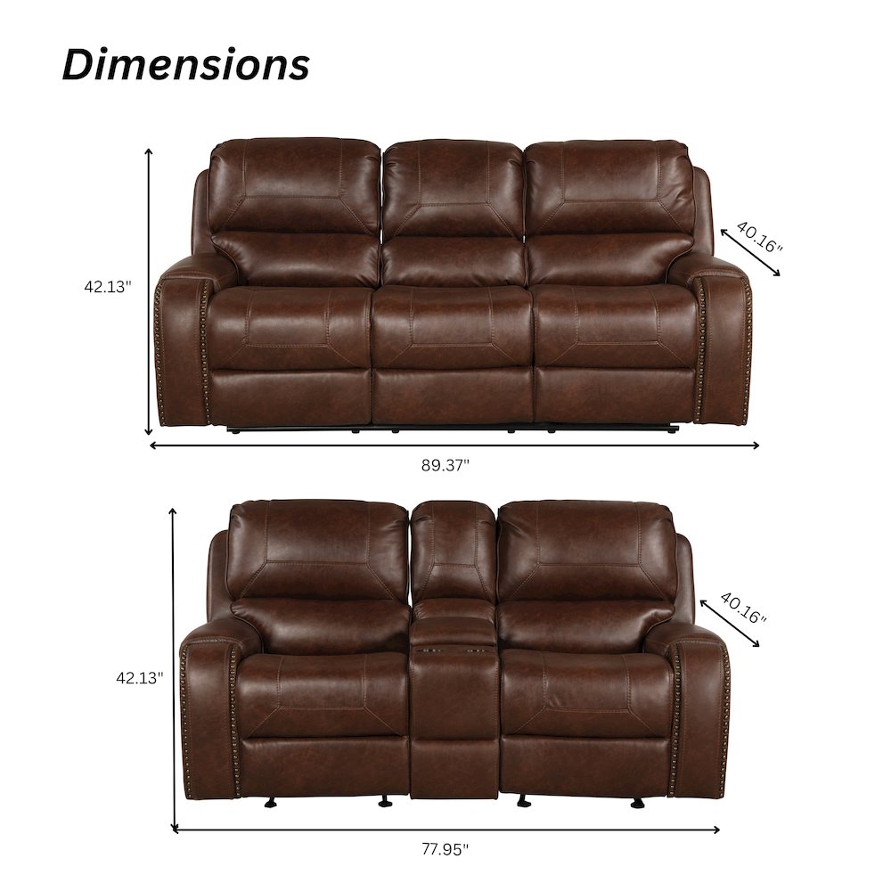 Achern Leather Manual Reclining Sofa and Loveseat, Storage Console and USB Port