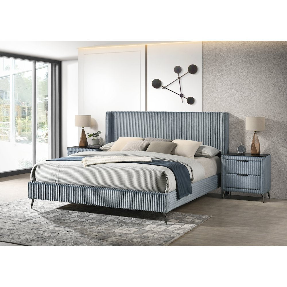 Mavela Wide Wale Corduroy Upholstery Panel King Bed with 2 Nightstands and Bench