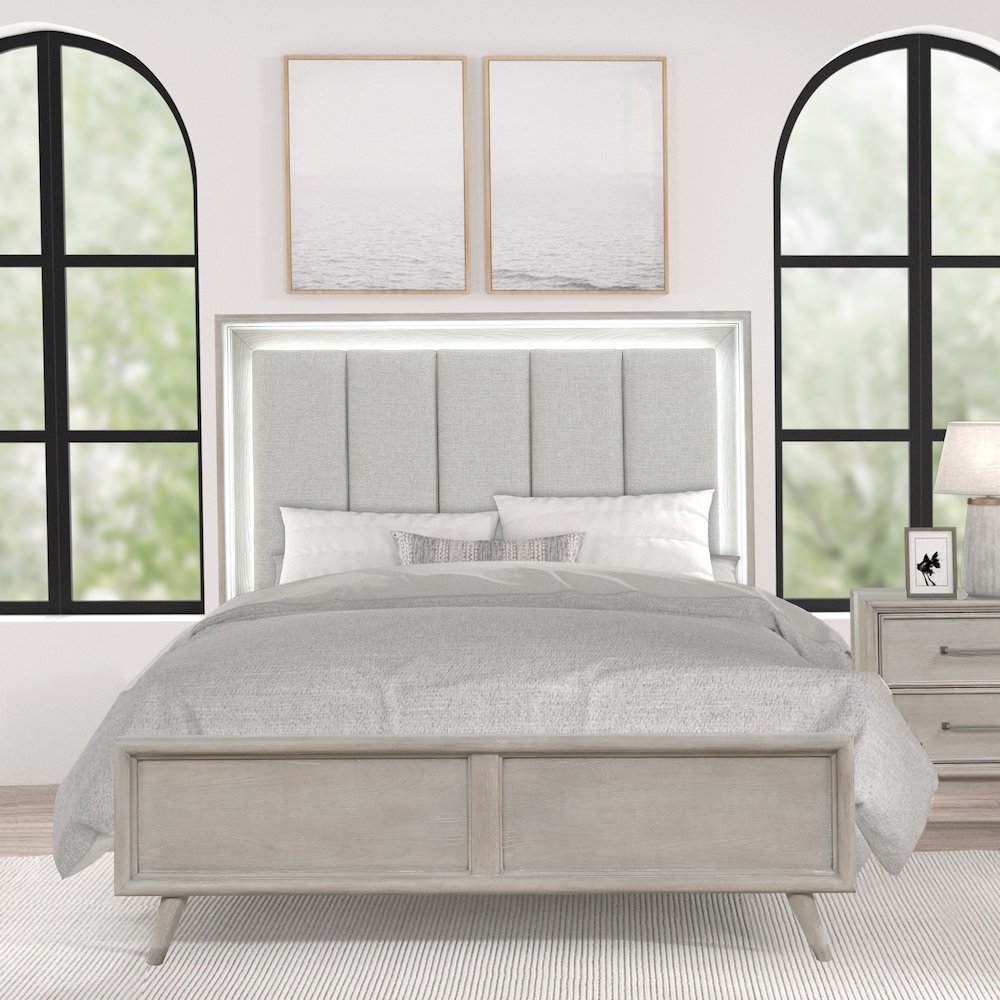 Seluna LED Lighting Panel Bed, Upholstered Headboard, Gray Oak Finish, Queen