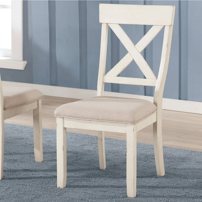 Prato Antique White Wood Cross Back Upholstered Dining Chairs, Set Of 2