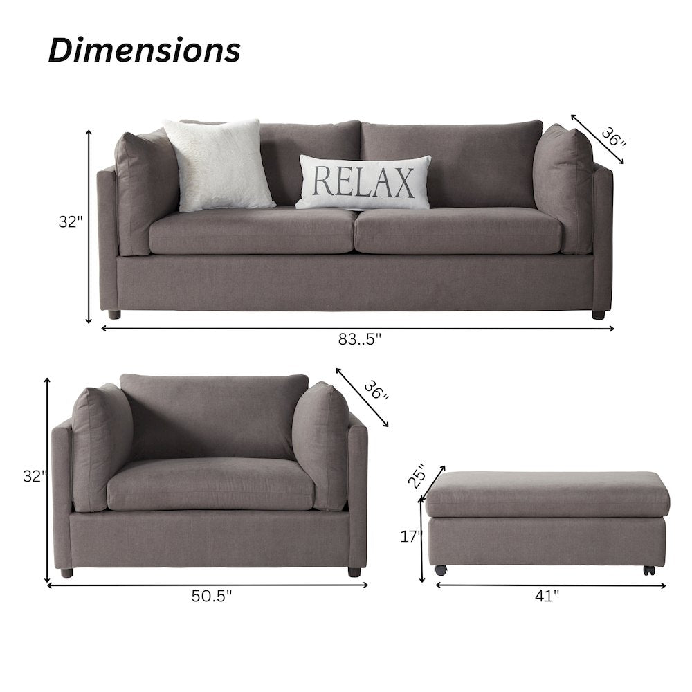 Enda Pillow Back Fabric 3-Piece Sofa and Cuddler Chair Set, Carbon Gray