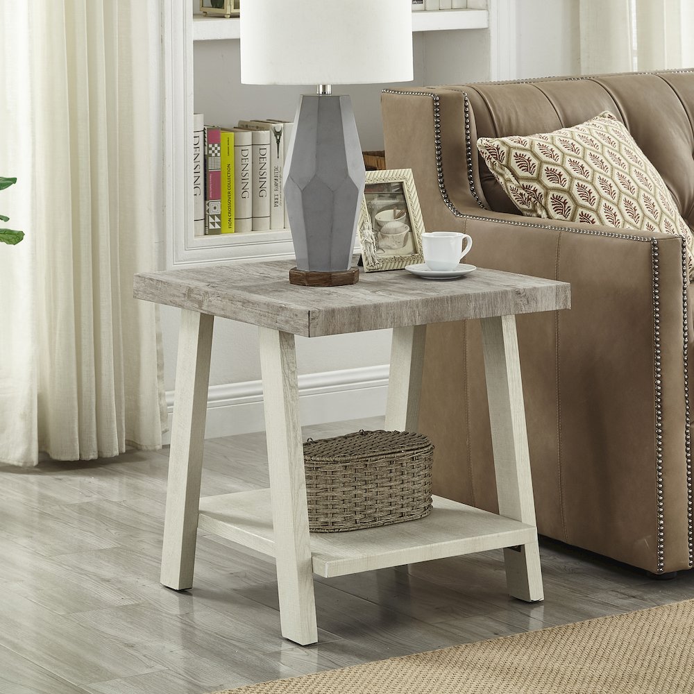 Athens Contemporary 3Pc Wood Shelf Coffee Table Set in Weathered Gray/Beige