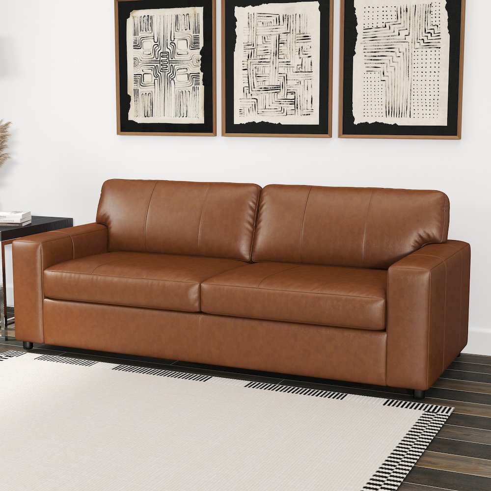 Sakan Leather Upholstered Sofa, Caramel