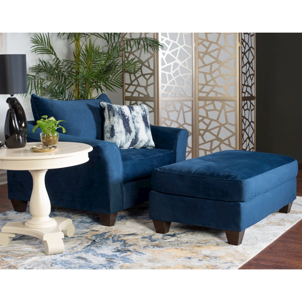 Camero Fabric Pillowback Chair with Ottoman Set in Navy Blue