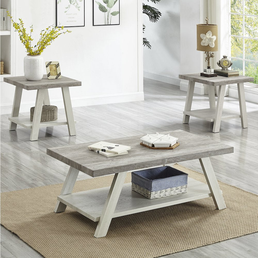 Athens Contemporary 3Pc Wood Shelf Coffee Table Set in Weathered Gray/Beige