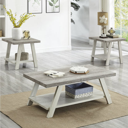 Athens Contemporary 3Pc Wood Shelf Coffee Table Set in Weathered Gray/Beige