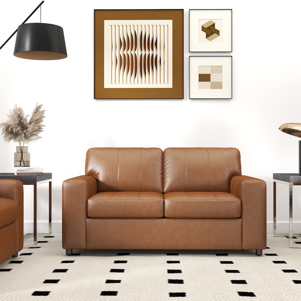 Sakan Leather 3-Pc Living Room Set, Sofa Loveseat and Chair, Caramel