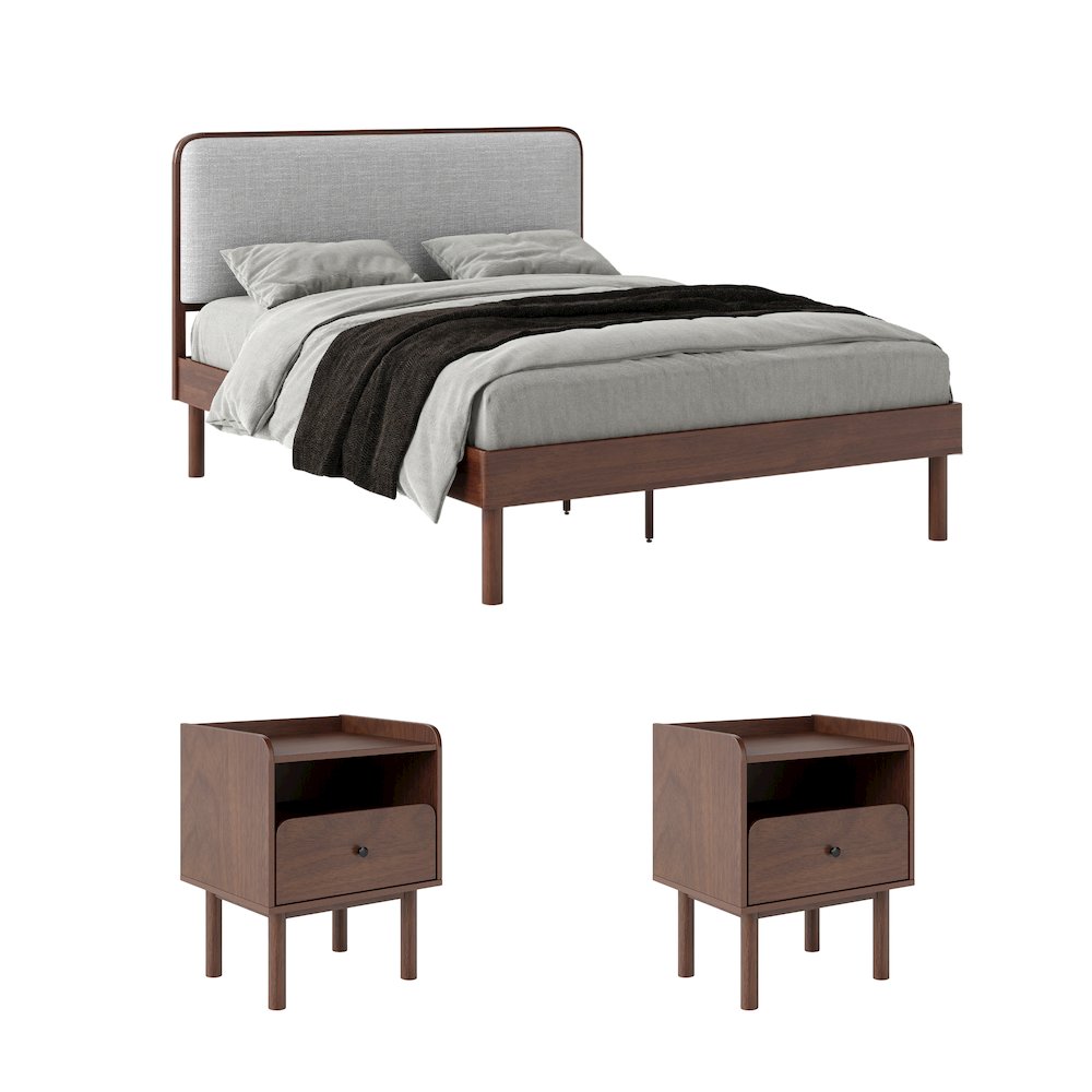 Wyller 3-Pc Bedroom Set, Platform Bed with 2 Nightstands, Natural Walnut, Queen