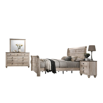 White Wash Finish Bedroom Set with Queen Sleigh Bed, Dresser, Mirror, Nightstand