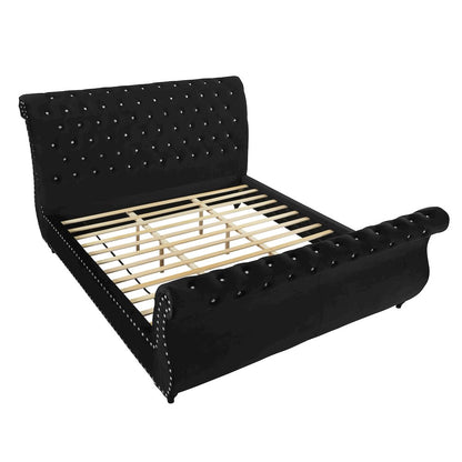 Evora Black Velvet Upholstered Crystal Button Tufted Sleigh Bed, King