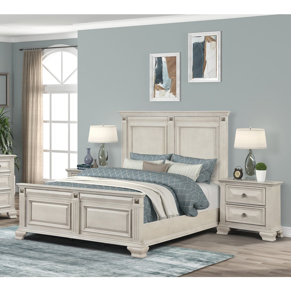 Renova 3-Piece Distressed Parchment Bedroom Set, Queen Bed with 2 Nightstands