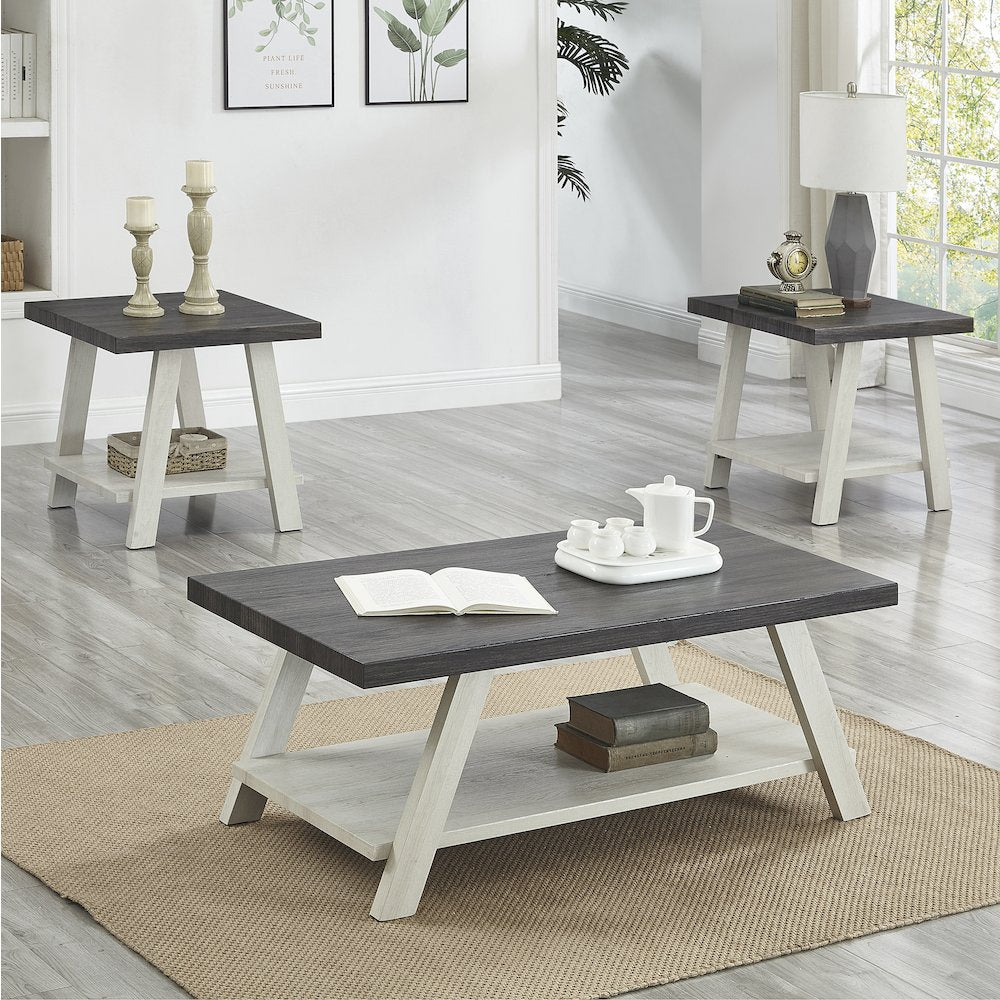 Athens Contemporary 3Pc Wood Shelf Coffee Table Set in Weathered Charcoal/Beige