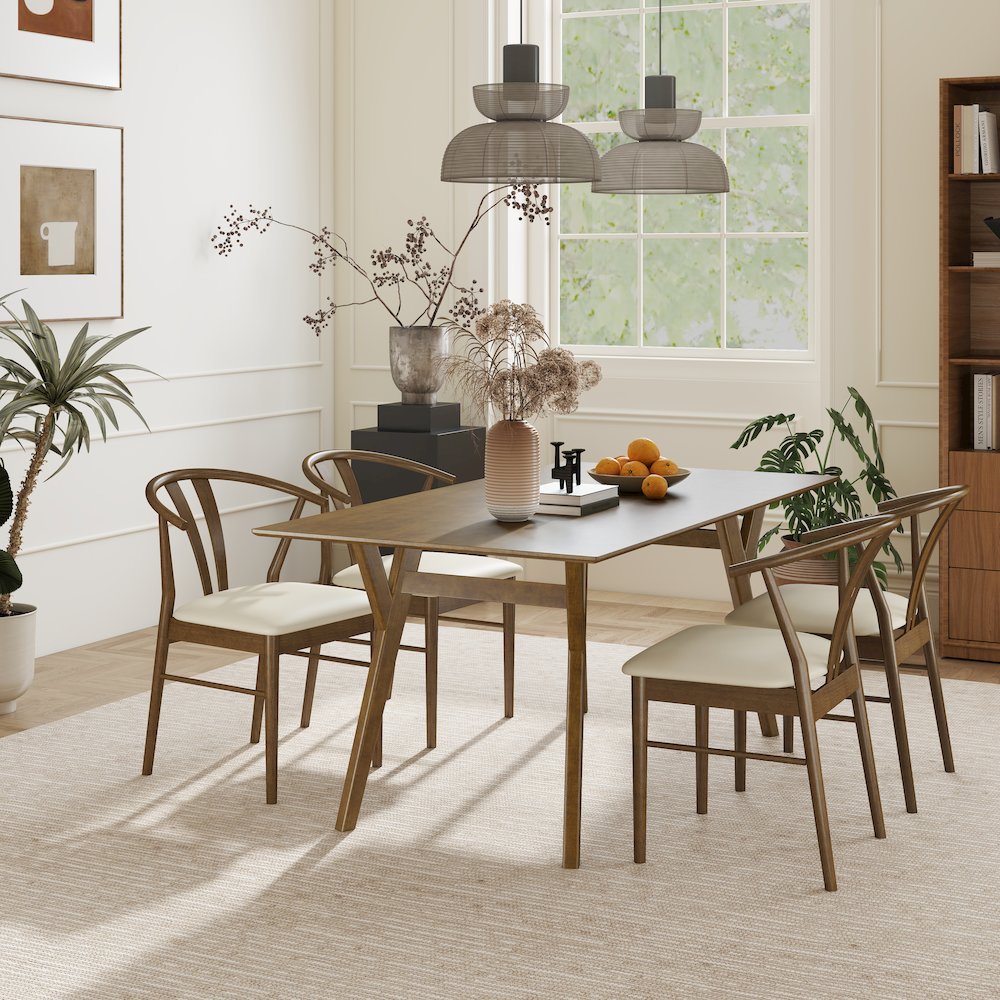 5-Piece Dining Set, Walnut Finished Dining Table with 4 Brown Wishbone Chairs