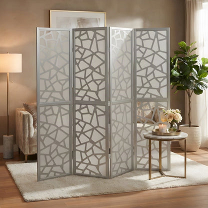 Wood and Non-Woven Fabric 4-Panel Folding Privacy Screen Room Divider, Silver