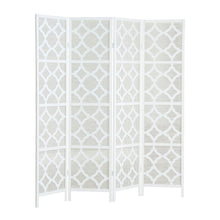 Wood and Fabric 4-Panel Folding Room Divider with Diamond Design, White