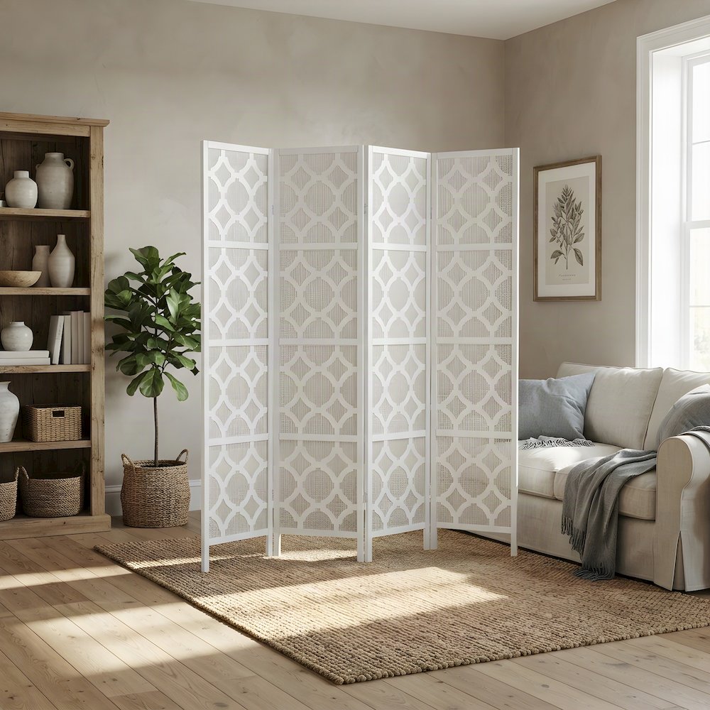 Wood and Fabric 4-Panel Folding Room Divider with Diamond Design, White