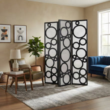 Wood 4-Panel Folding Room Divider with Circle-Pattern Fabric Screen, Black