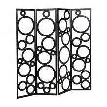 Wood 4-Panel Folding Room Divider with Circle-Pattern Fabric Screen, Black