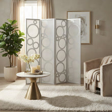 Wood 4-Panel Folding Room Divider with Circle-Pattern Fabric Screen, Silver