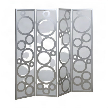 Wood 4-Panel Folding Room Divider with Circle-Pattern Fabric Screen, Silver