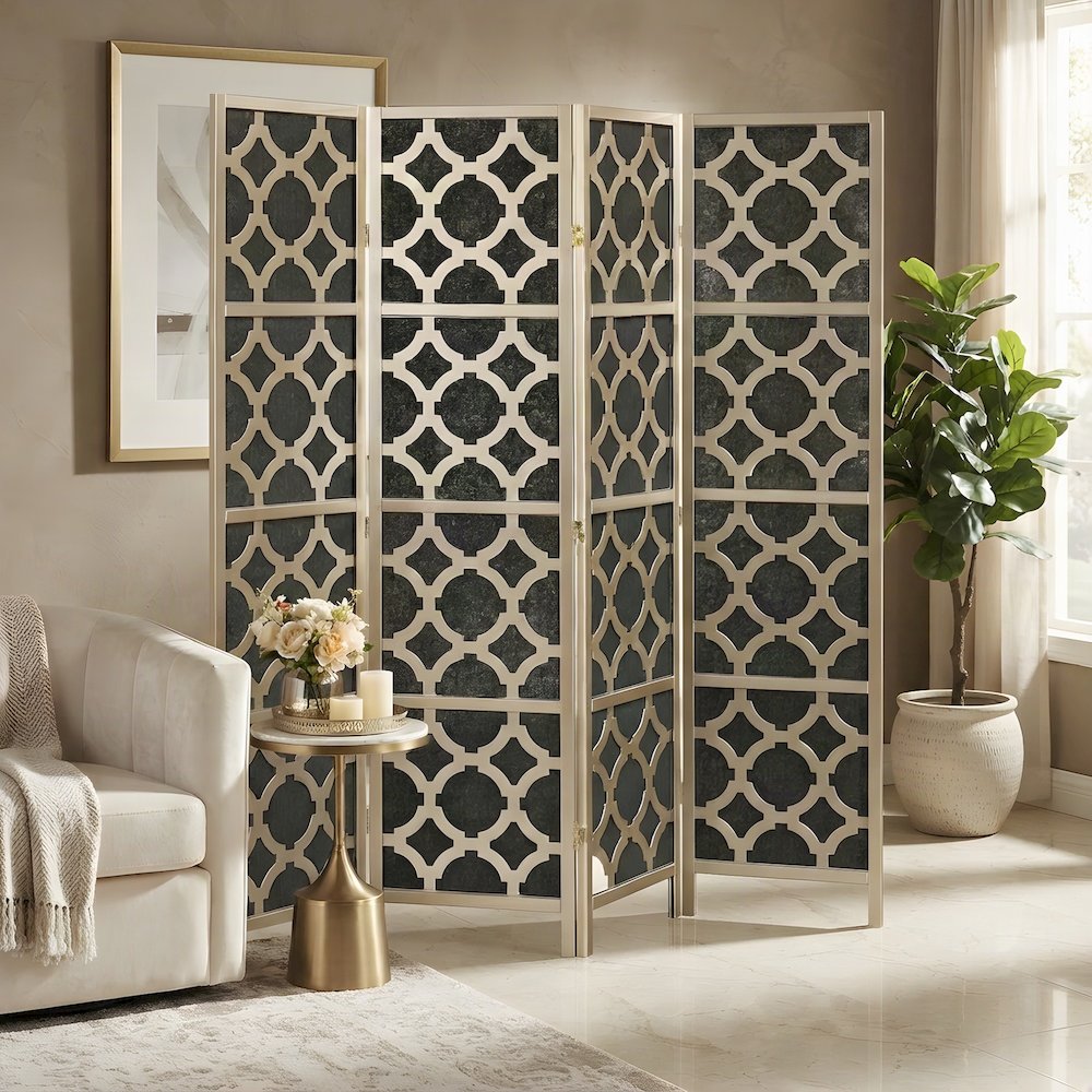 Wood and Non-Woven Fabric 4-Panel Folding Privacy Screen Room Divider, Gold