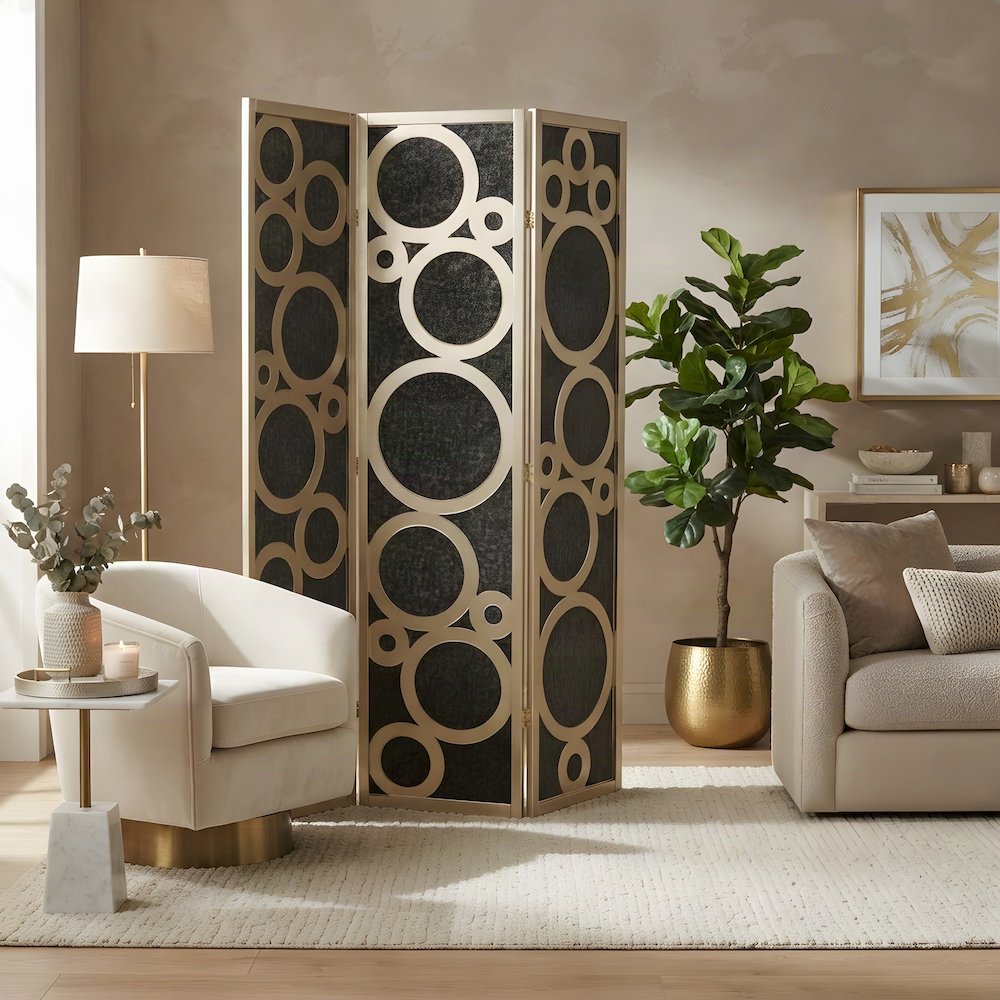 Wood and Non-Woven Fabric 4-Panel Folding Freestanding Room Divider, Gold