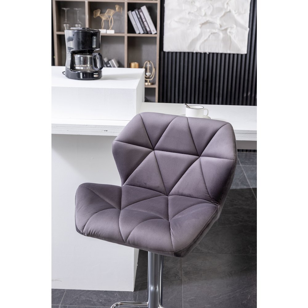 Breni Velvet Diamond Tufted Swivel Adjustable Height Barstool, Set of 2, Gray