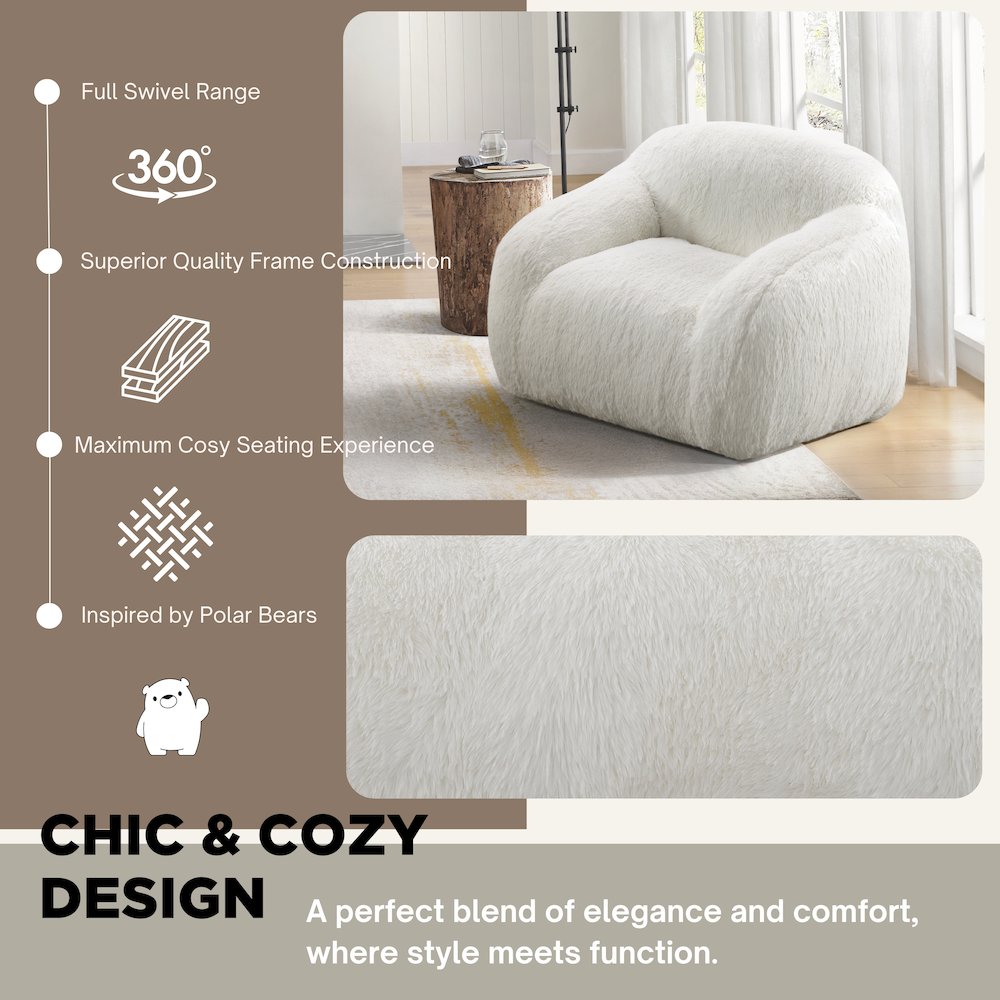 Adell Polar Bear 2-Piece Living Room Set, Sofa and Swivel Chair, Ivory White