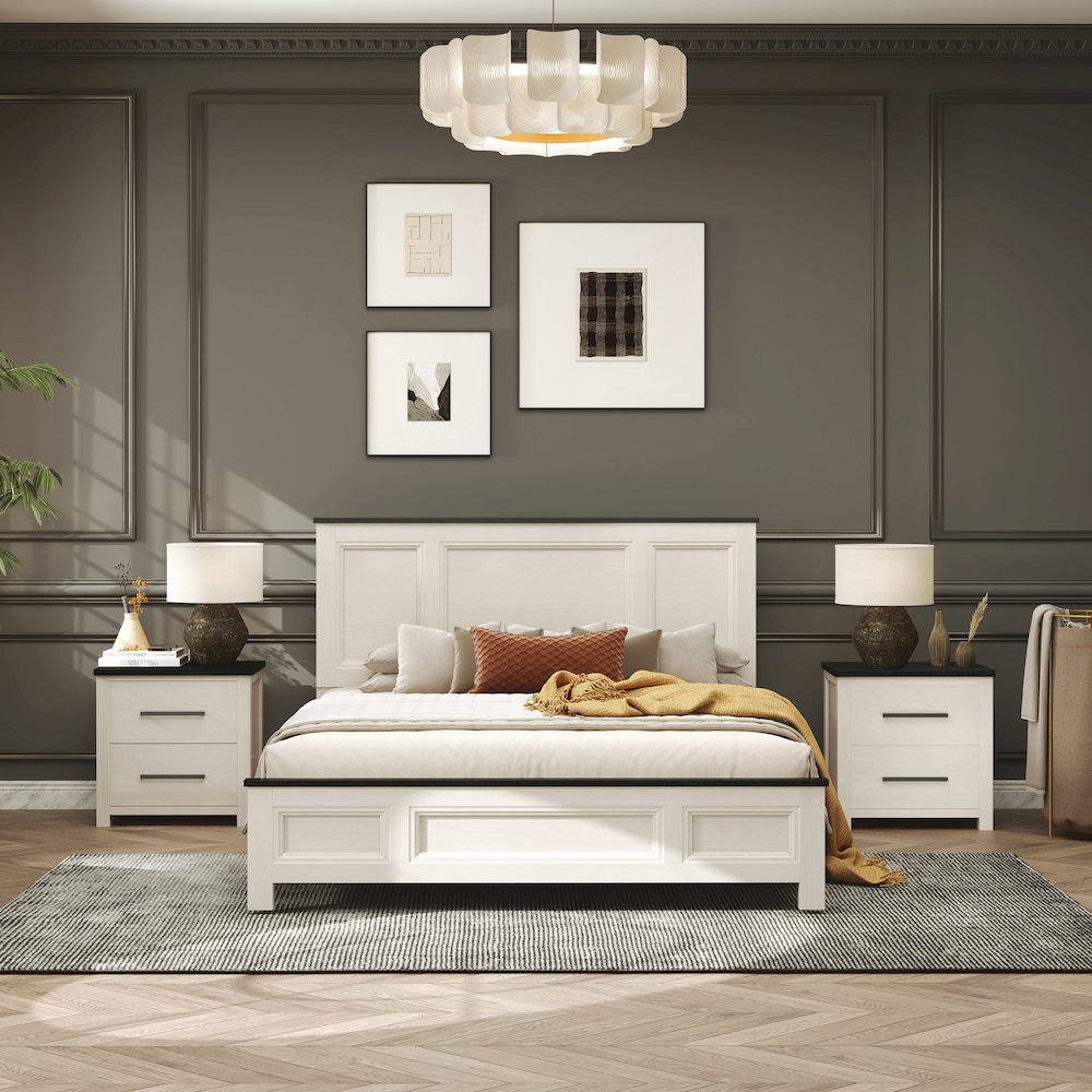 Realynn 3-PC Wood Bedroom Set, Queen Bed with  2 Nightstands, Off-White Finish