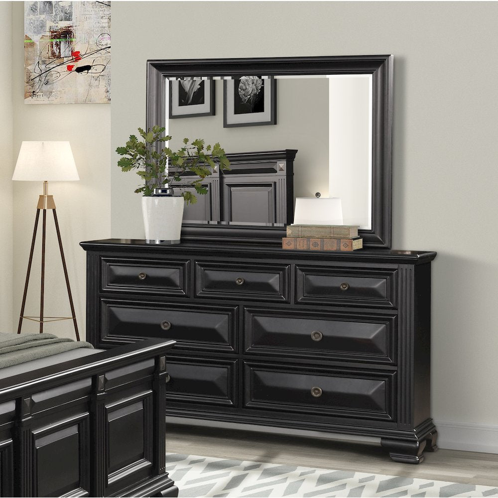 Vintage Black Wood Bedroom Set, Queen Panel Bed, Dresser, Mirror, Nightstand