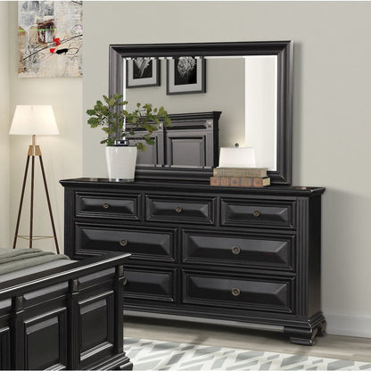 Vintage Black Wood Bedroom Set, Queen Panel Bed, Dresser, Mirror, Nightstand