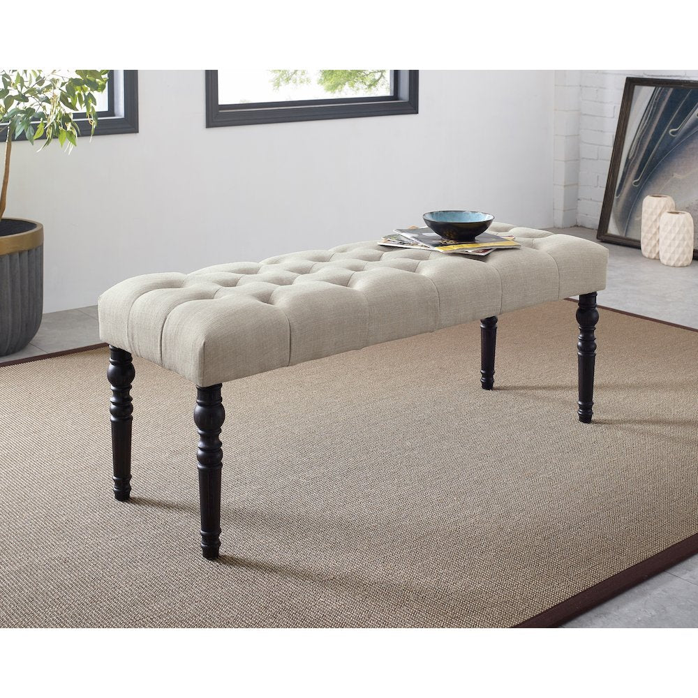 Leviton Fabric Tufted Turned Leg Dining Bench, Tan