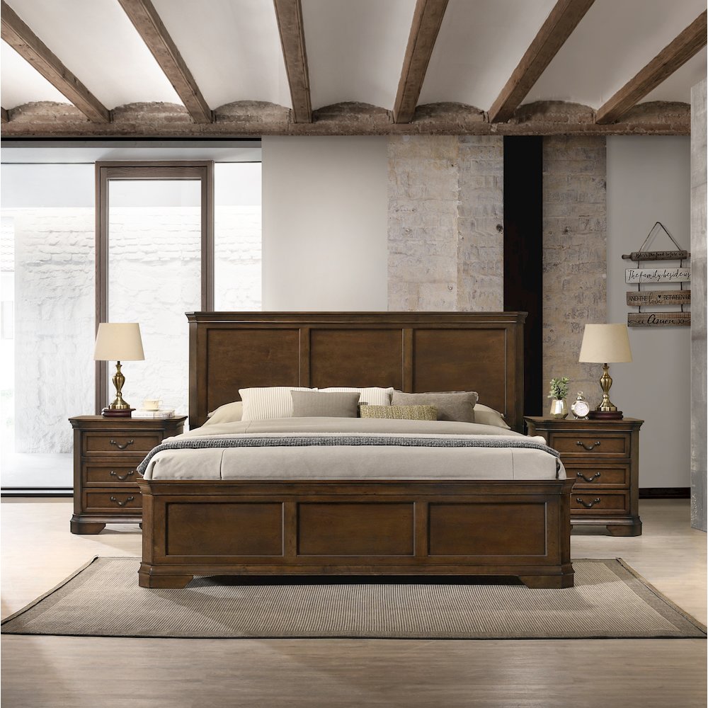 3-Piece Bedroom Set, King Panel Bed and 2 Nightstands, Antique Walnut Finish