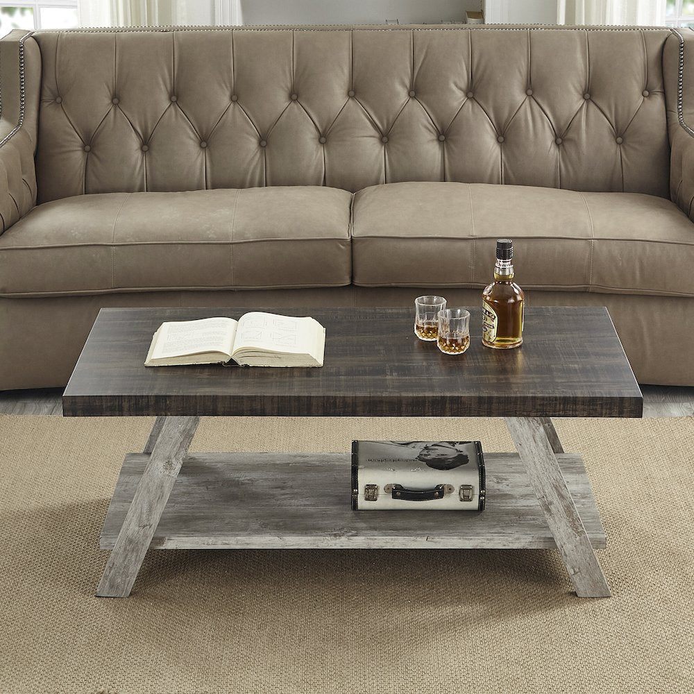 Athens Contemporary Two-Tone Wood Shelf Coffee Table in Weathered Walnut/Gray