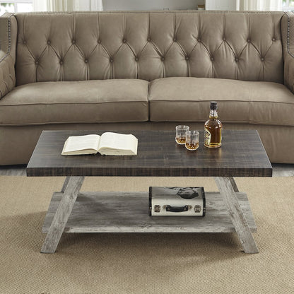 Athens Contemporary Two-Tone Wood Shelf Coffee Table in Weathered Walnut/Gray