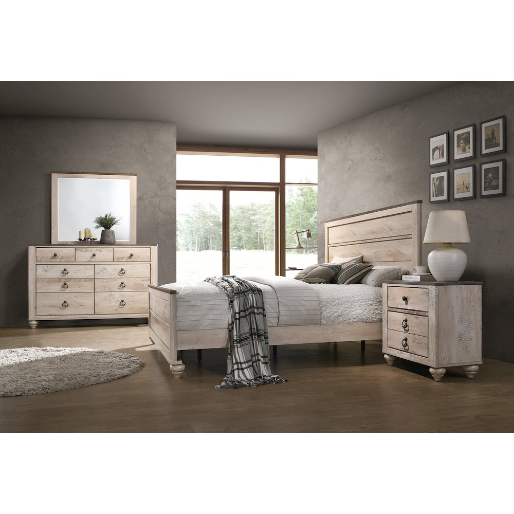 White Wash Finish 4-Piece Bedroom Set-King Bed, Dresser, Mirror and Nightstand